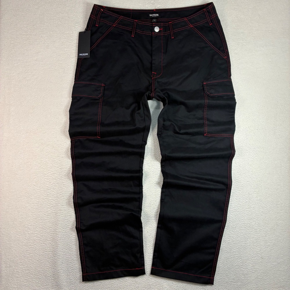 True Religion Baggy Cargo Pants Men 36x32 Black Red Straight Contrast Stitch NWT